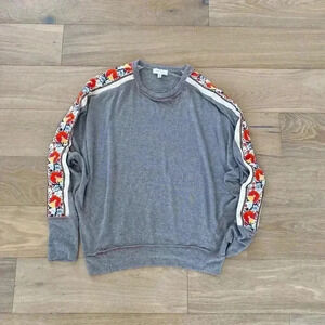 Gray Sweatshirt with Colorful Patterned Sleeves
